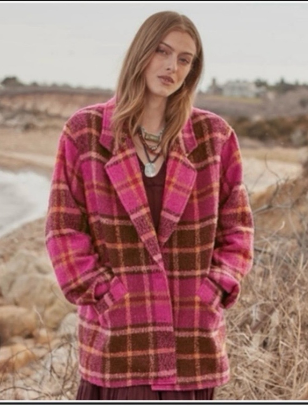 Sundance Pink and Brown Plaid Oversized Wool Blend Blazer